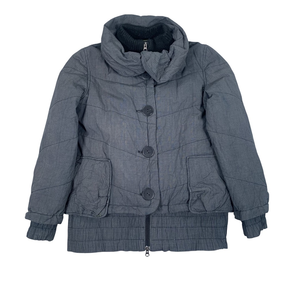 Soia & Kyo Puffer Jacket Womens L Grey Plaid Down Fill Quilted‎ Button Zip Coat